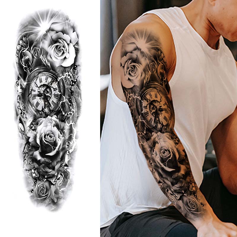 clock and rose tattoo sleeve