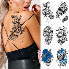Realistic TemporaryTattoos, Big Rose Flower Temporary Tattoos Fake Jewelrys Design Pendant Henna Waterproof Fake Tattoo Decal Women Tattoo Tatoos Arm 3D