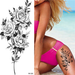 Thigh Tattoos for Women, Fine Line Rose Flower Temporary Tattoos