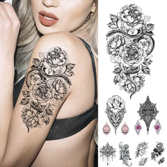 Realistic TemporaryTattoos, Flower Rose Peony Lace Skull  Tattoos Waterproof Temporary Tattoo Sticker,  Snake Leaf Tattoo Arm , Fake Tattoo for Women Men