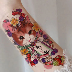 Flower arm colorful cat cute font tattoo sticker 1 sheet size 12-19 cm