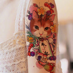 Flower arm colorful cat cute font tattoo sticker 1 sheet size 12-19 cm
