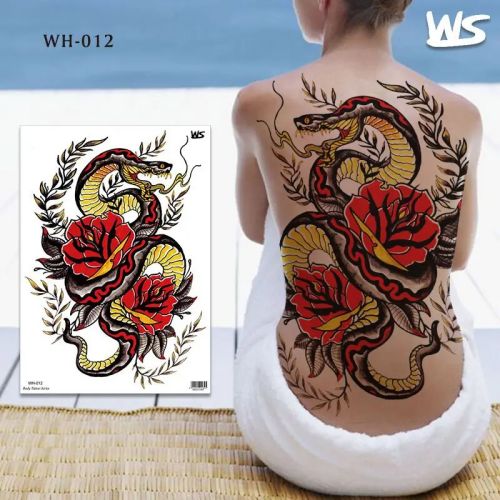 Old School Snake and Floral Full Back Tattoo