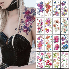 Flower Temporary Tattoos Purple Watercolor Rose Lily Flower Waterproof Tattoo Stickers Women Body Chest Art Temporary Tatto Girl Waist 3D Flowers Tatoo