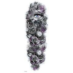 Purple Rose Temporary Sleeve Tattoos-Eye Clock & Birds