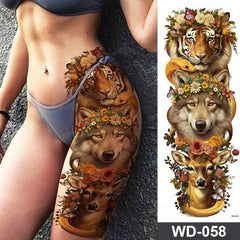 tiger wolf deer with flowers thigh temporary tattoo