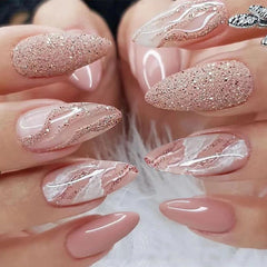 Glittering Rose Gold Marble Almond Press On Nails