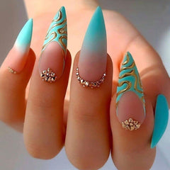 Turquoise Almond Press On Nails with Gold Swirls