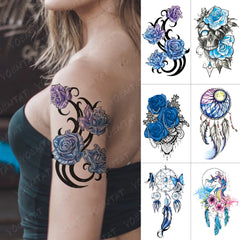 Realistic TemporaryTattoos, Waterproof Temporary Tattoo Sticker, Blue Purple Flower Totem  Tattoos Rose Dreamcatcher Tattoo Arm , Fake Tattoo for Women Men