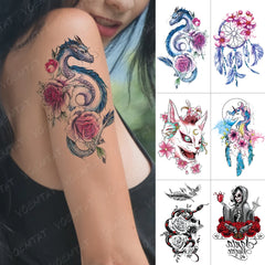 Realistic TemporaryTattoos, Waterproof Temporary Tattoo Sticker, Dragon Rose Cat Unicorn Dreamcatcher  Tattoos Witch Snake Tattoo Arm , Fake Tattoo for Women