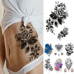 Realistic TemporaryTattoos, Waterproof Temporary Tattoo Sticker, Flower Peony Rose Sketches  Tattoos Black Henna Tattoo Arm , Fake Tattoo for Women Men