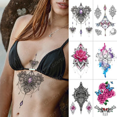 Realistic TemporaryTattoos, Waterproof Temporary Tattoo Sticker, Gun Flower Butterfly Lotus Peony  Tattoos Lace Henna Tattoo Arm , Fake Tattoo for Women Men