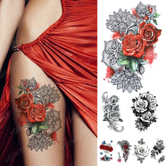 Realistic TemporaryTattoos, Waterproof Temporary Tattoo Sticker, Red Lace Rose Butterfly  Tattoos Mandala Henna Tattoo Arm , Fake Tattoo for Women Men