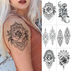 Realistic TemporaryTattoos, Waterproof Temporary Tattoo Sticker, Rose Peony Lace Henna  Tattoos Flower Lotus Tattoo Arm , Fake Tattoo for Women Men