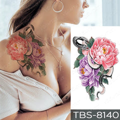 Realistic TemporaryTattoos, Waterproof Temporary Tattoo Sticker, Snake Peony Lace  Tattoos Rose Flower Tattoo Arm Water Transfer , Fake Tattoo for Women Men