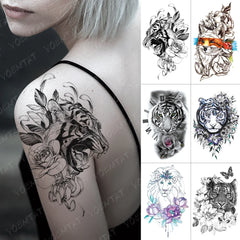 Realistic TemporaryTattoos, Waterproof Temporary Tattoo Sticker, Tiger Lion Fox Butterfly Clock  Tattoos Rose Flower Tattoo Arm , Fake Tattoo for Women Men