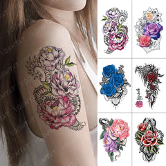 Realistic TemporaryTattoos, Waterproof Temporary Tattoo Sticker, Totem Peony Lace  Tattoos Rose Flower Tattoo Arm Water Transfer , Fake Tattoo for Women Men