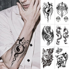 Realistic TemporaryTattoos, Waterproof Temporary Tattoo Sticker, Yin Yang Dragon Feather Wings  Tattoos Wolf Totem Tattoo Arm Fake Tattoo Men