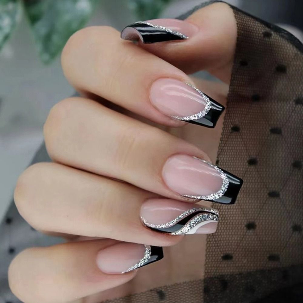 black and silver press on nails