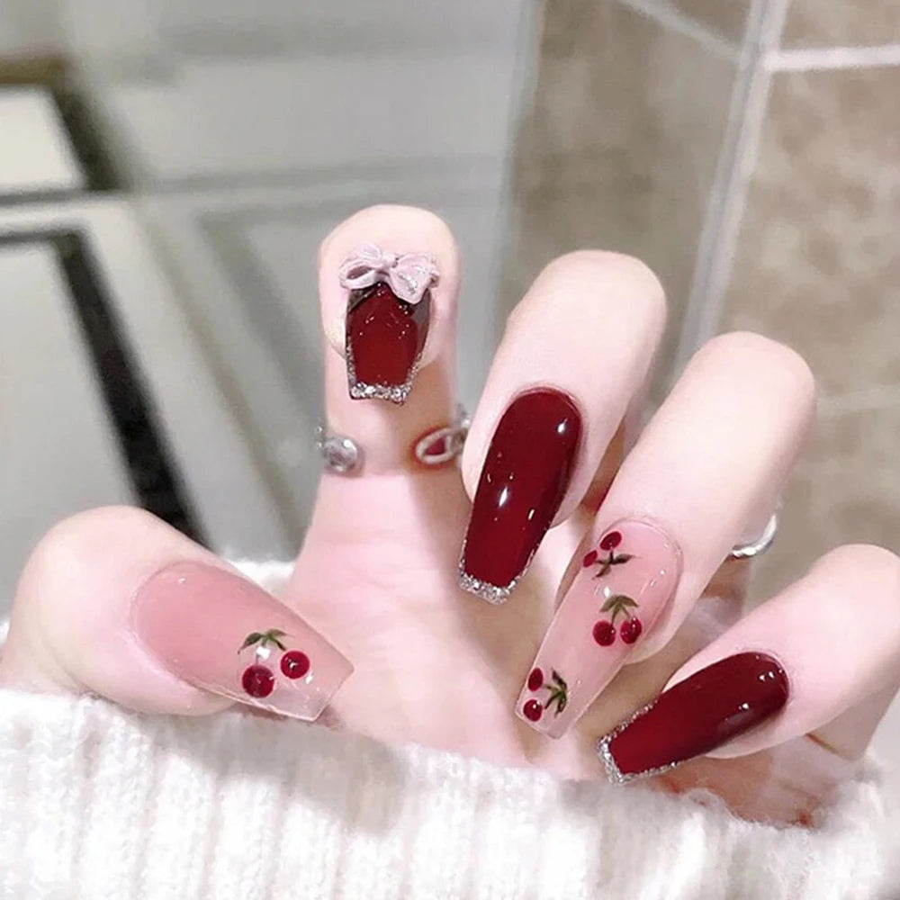 cherry red press on nails