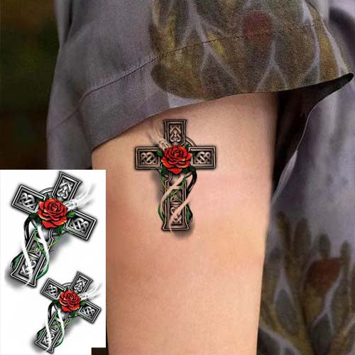 Small Cross with Flowers Temporary Tattoo