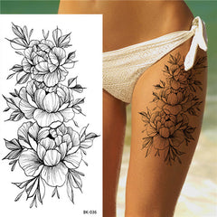 Thigh Tattoos for Women, Fine Line Peony Flower Temporary Tattoos