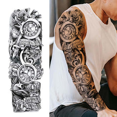 Flower and Clock Temporary Sleeve Tattoos