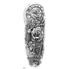 Flower and Clock Sleeve Temporary Tattoo