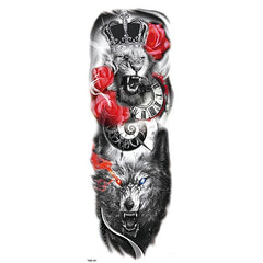 Lion Wolf Flower Clock Temporary Sleeve Tattoos