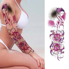 Purple Lotus Geisha Temporary Sleeve Tattoos