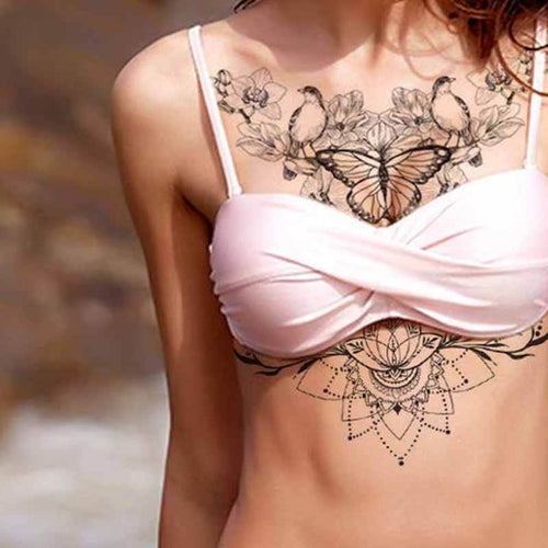 Butterfly Bird Flower Underboob Temporary Tattoo