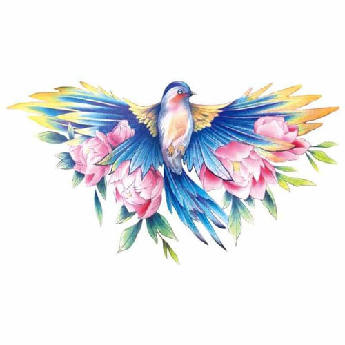 Watercolor Bird and Flower Underboob Tattoo
