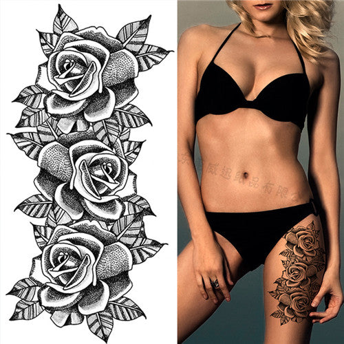 Black and White Flower Temporary Tattoos on Thigh