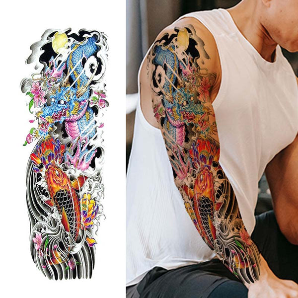 Blue Dragon and koi fish Temporary Sleeve Tattoos – neartattoos