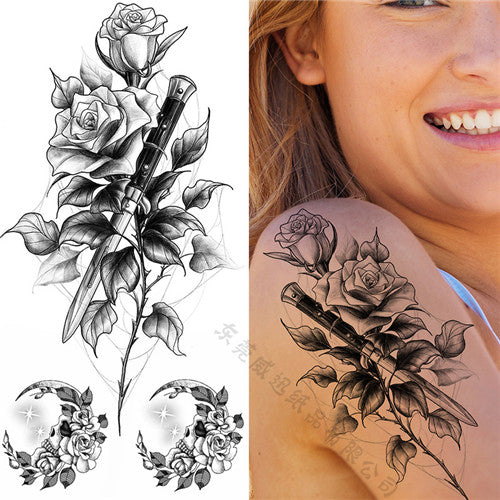 Flower Crescent Moon Dagger Patchwork Tattoos