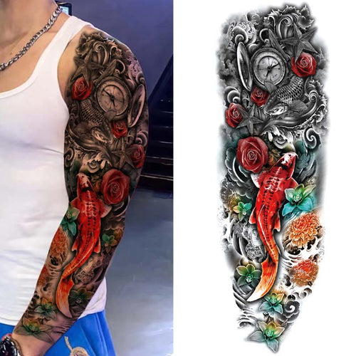 Red Koi Fish and Flower Sleeve Tattoo
