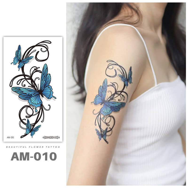 Blue Butterfly Flower Temporary Tattoo 