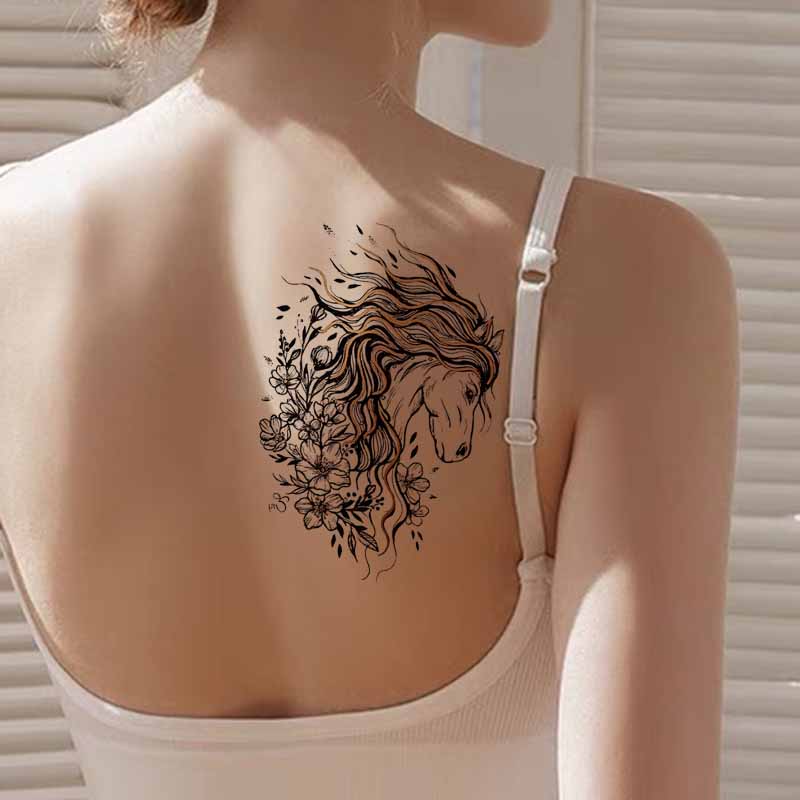 Horse Tattoo with Flower Temporary Tattoo