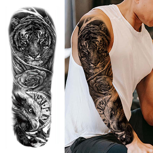 Tiger Eagle Flower Clock Sleeve Tattoo