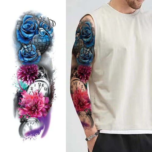 Birth Clock Sleeve Tattoo-Blue Rose & Clock