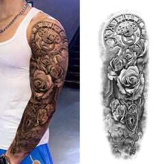 Flower and Clock Sleeve Temporary Tattoo