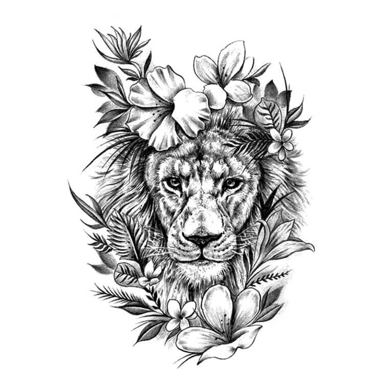Lion Flower Thigh Temporary Tattoo