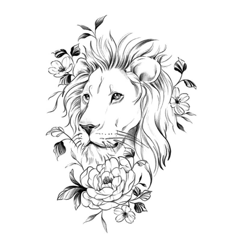 Sketch Lion and Flower Temporary Tattoo