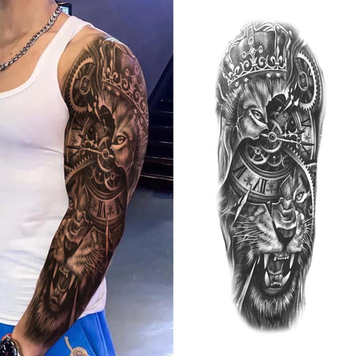 Lion and Clock Sleeve Tattoo