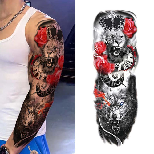 Lion Wolf Flower Clock Tattoo