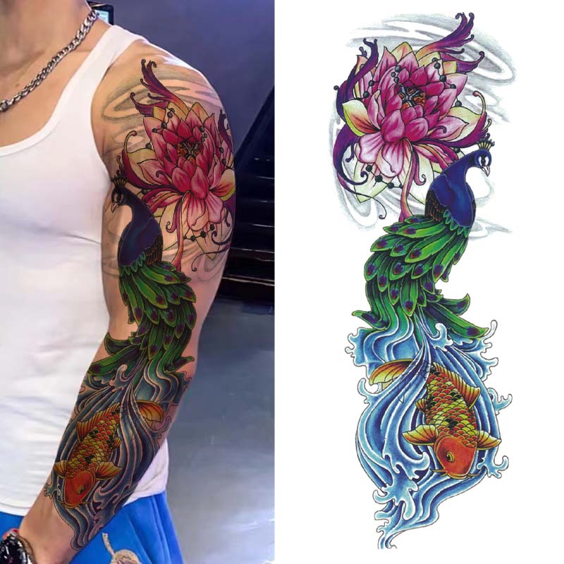 Peacock Lotus Temporary Sleeve Tattoo