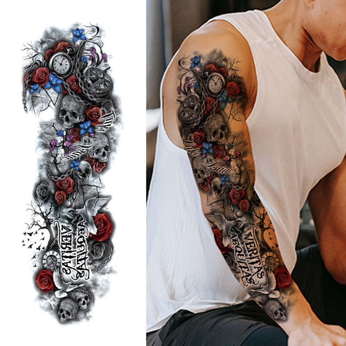 Rose Skull and Clock Sleeve Tattoo