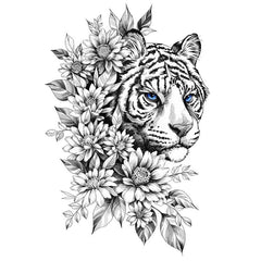 Tiger and Flower Thigh Temporary Tattoo