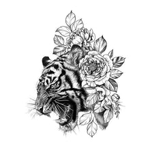 Load image into Gallery viewer, Roaring Tiger and Flower Thigh Tattoo
