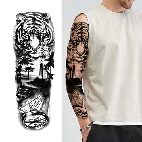 Tiger and Clock Sleeve Tattoo